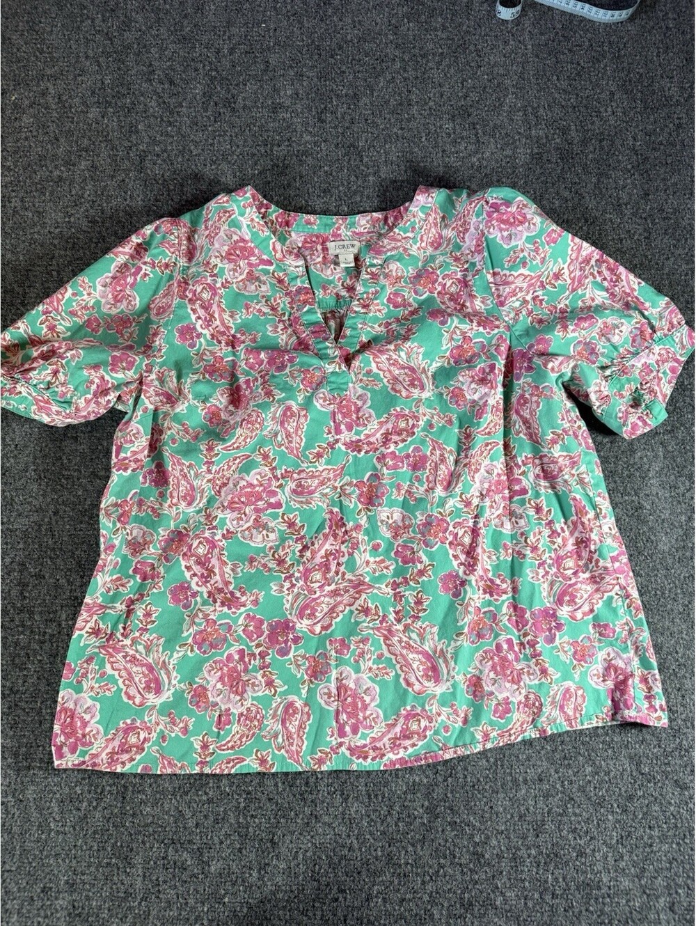 New J.Crew Womens Paisley Floral V-Neck Puff Sleeve Blouse Teal Pink L